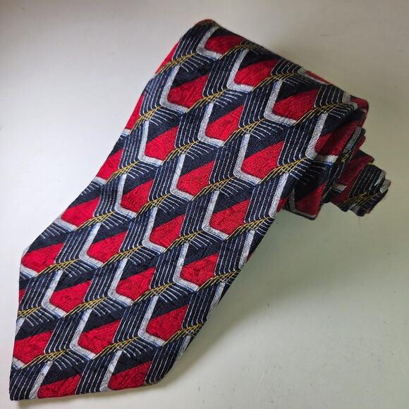 Ermenegildo Zegna Silk Tie Geometric Red Navy Gold Made in Italy 58" - Picture 1 of 10